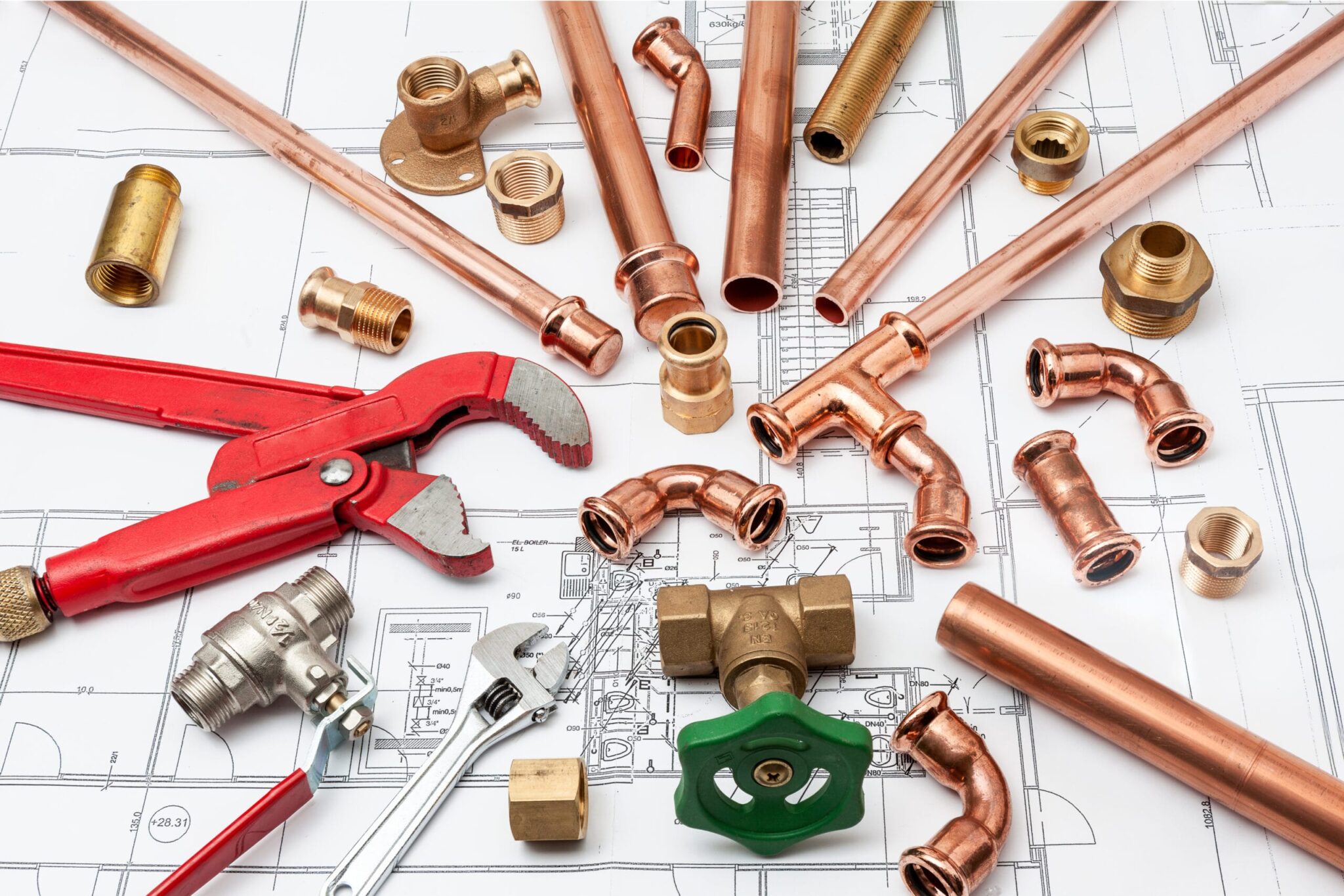 Copper pipes, fittings, valves, and plumbing tools in Bradenton
