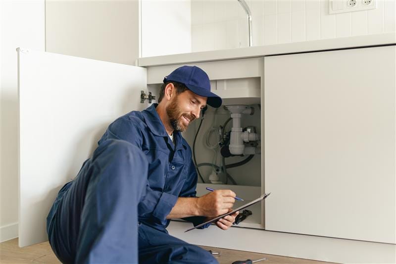 Residential plumber reviewing plumbing repairs in a Bradenton kitchen